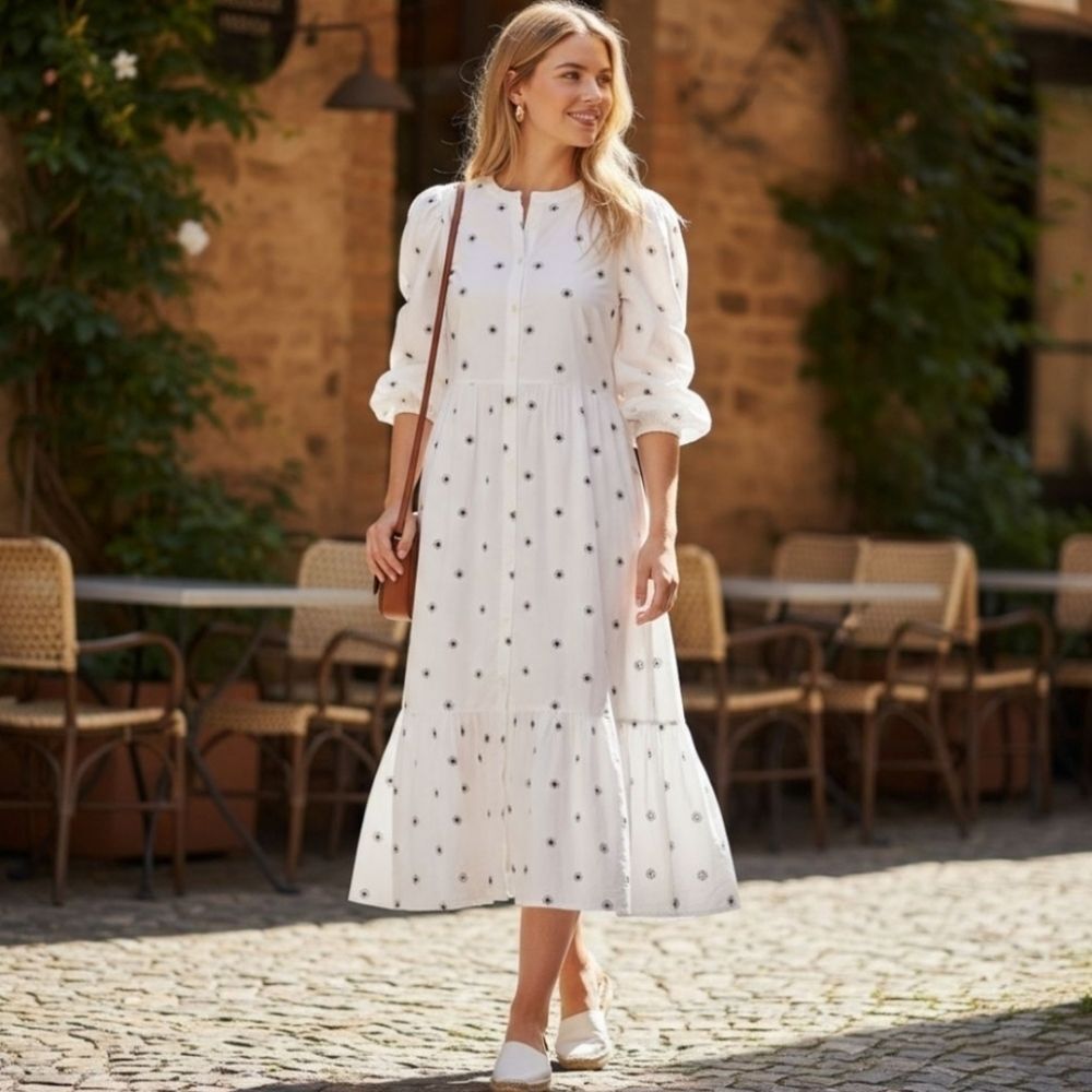 Zara White Midi Dress with Black Dot Print